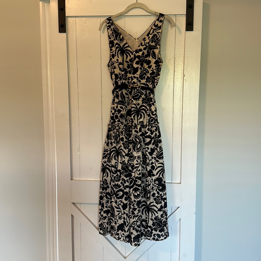 Ann Taylor Light Beige and Black Floral MIDI Dress